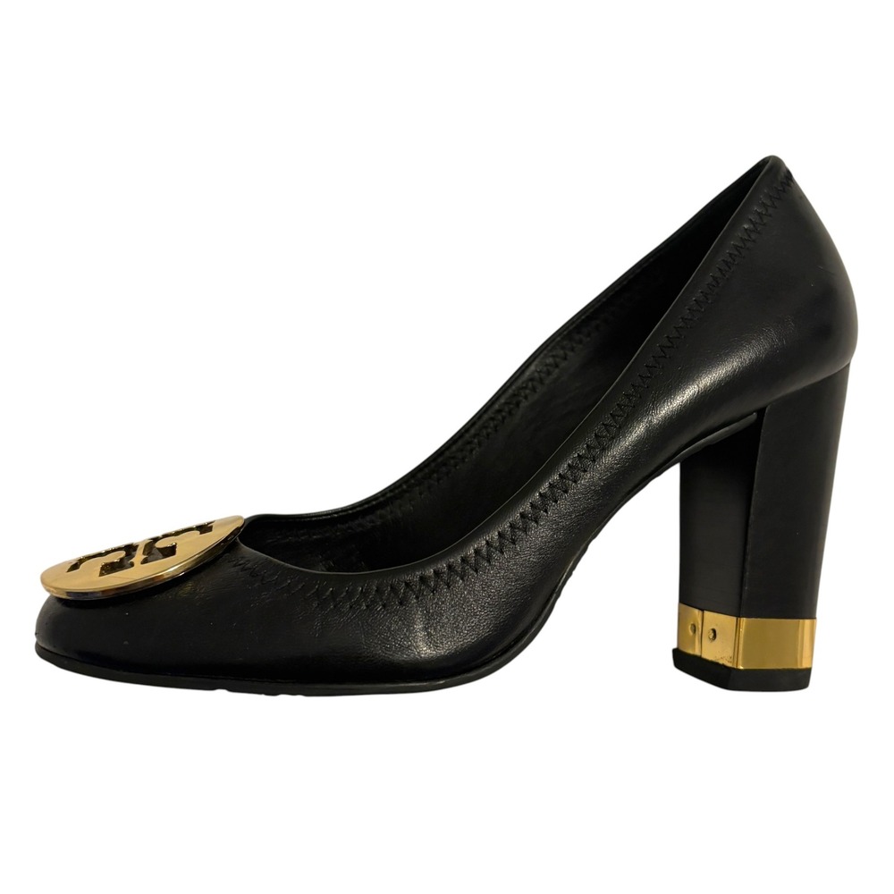 Tory Burch Womens Maddie Block Heel Pump 7.5 Black Gold Logo Medallion Leather